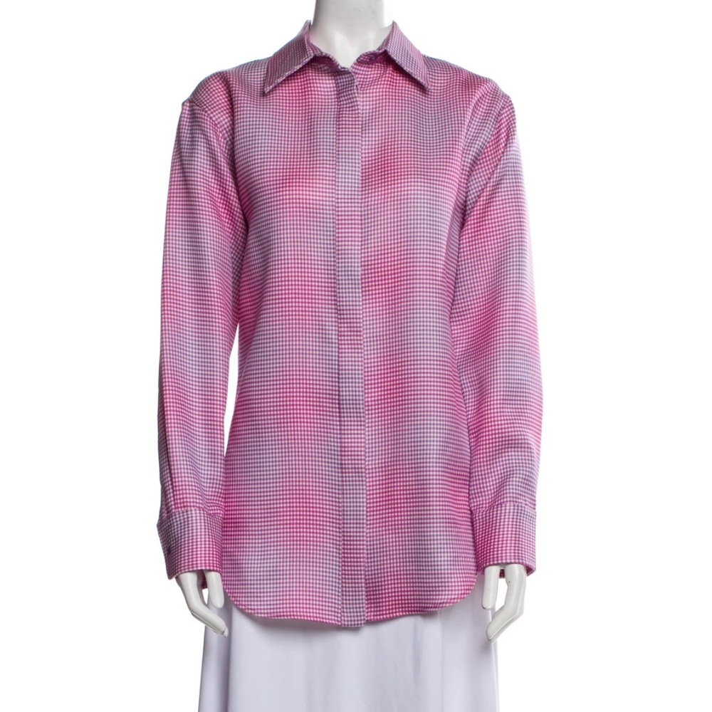Brandon Maxwell Silk Plaid Print Button-up Top